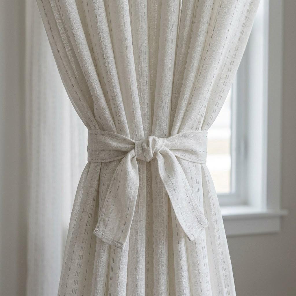 Muted White Pure Linen Sheer Curtains, Grey Embroidered Dash Drapes, Custom Neutral Privacy Panels — image 3