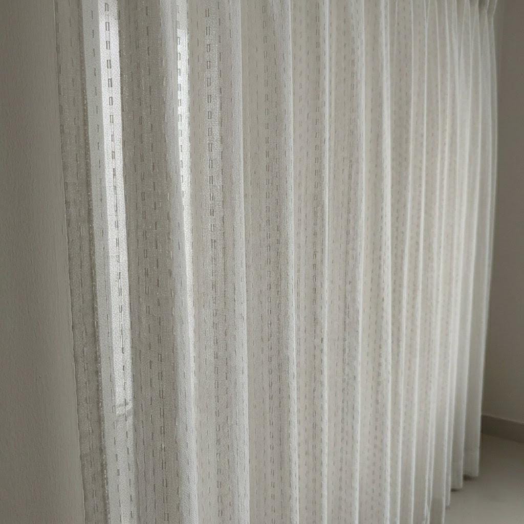 Muted White Pure Linen Sheer Curtains, Grey Embroidered Dash Drapes, Custom Neutral Privacy Panels — image 1