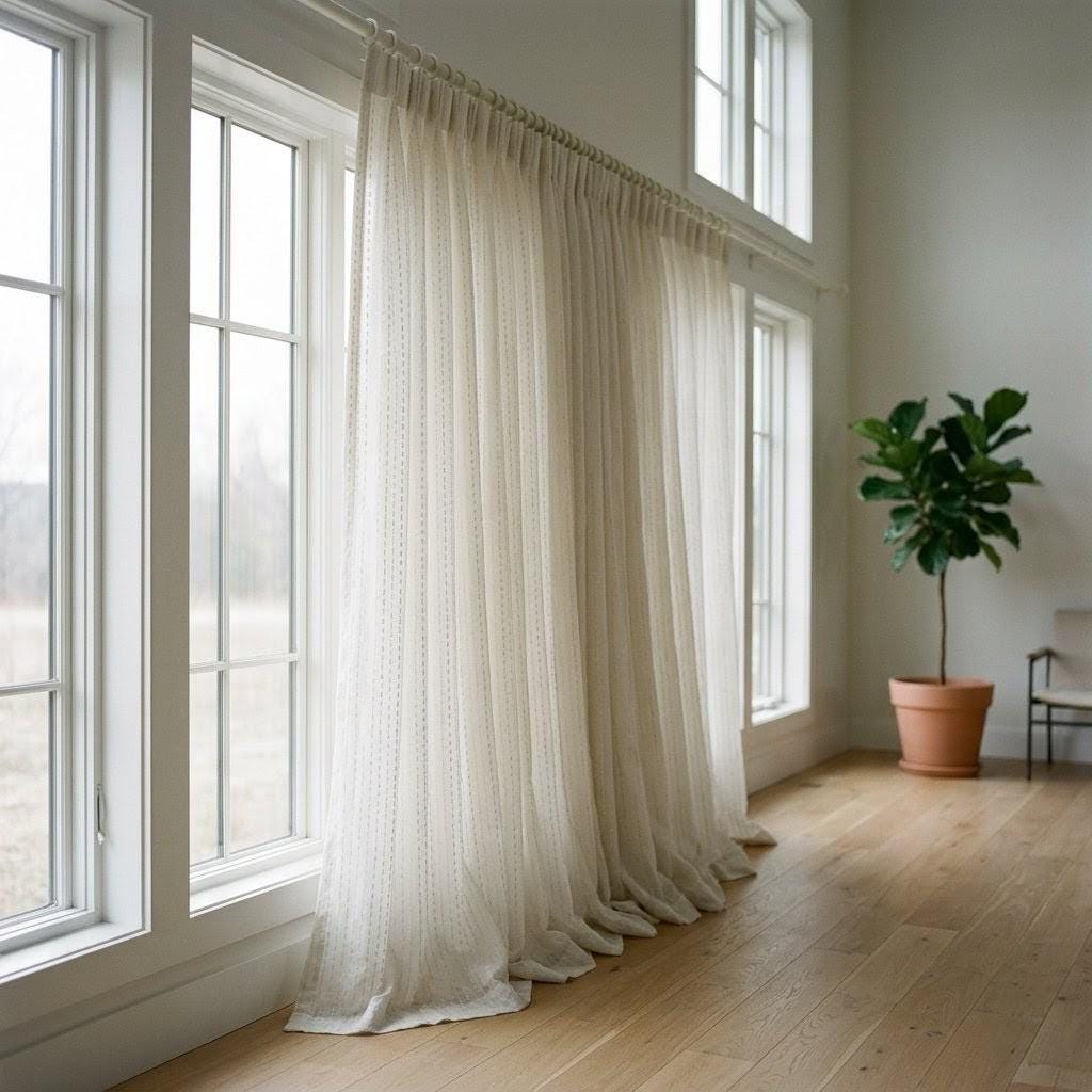 Muted White Pure Linen Sheer Curtains, Grey Embroidered Dash Drapes, Custom Neutral Privacy Panels — image 6