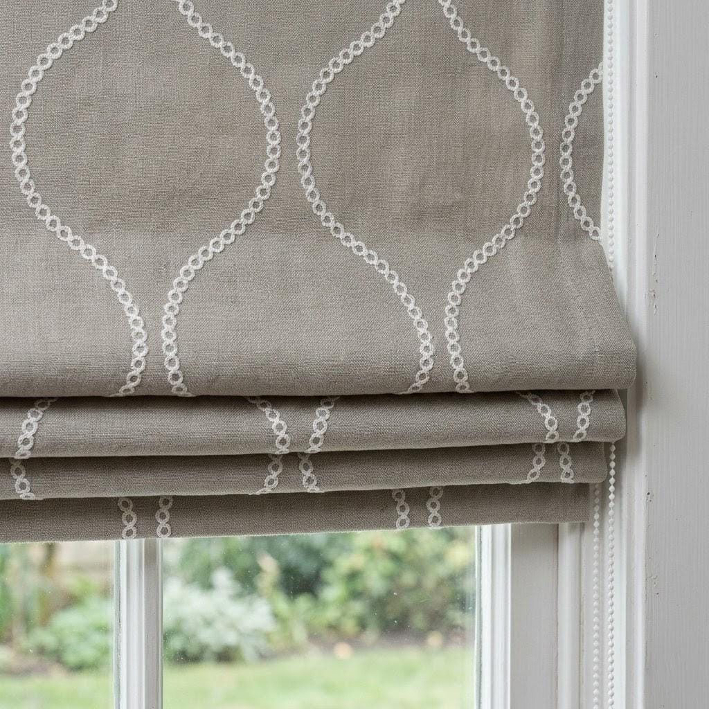 Taupe Linen Roman Blind, White Ogee Trellis, Custom Corded Shade (Light Filtering or Blackout) — image 1