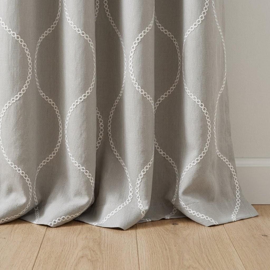 Stone Greige Linen Embroidered Curtains, Ivory Ogee Trellis Drapes (Semi Sheer or Blackout) — image 2