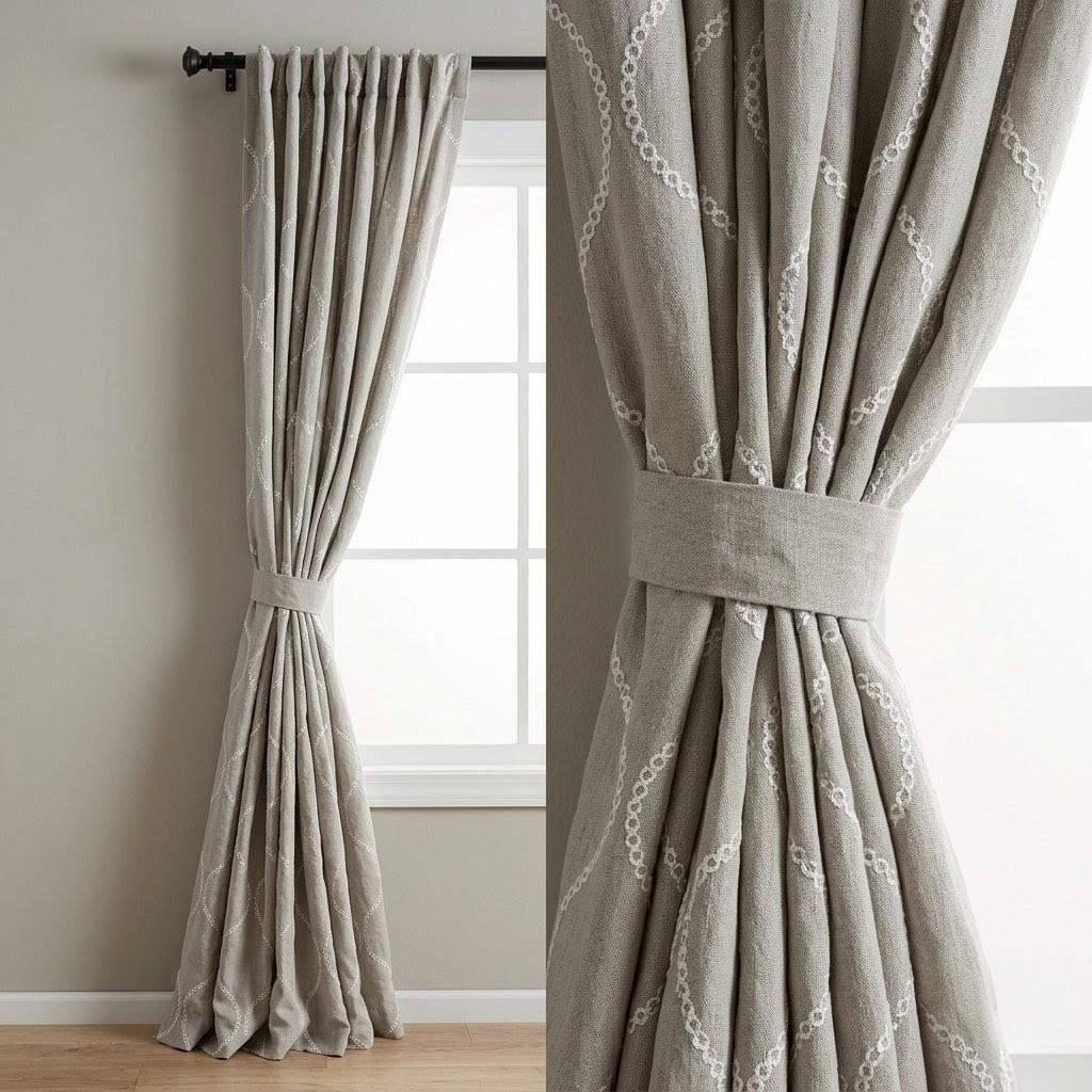 Stone Greige Linen Embroidered Curtains, Ivory Ogee Trellis Drapes (Semi Sheer or Blackout) — image 3