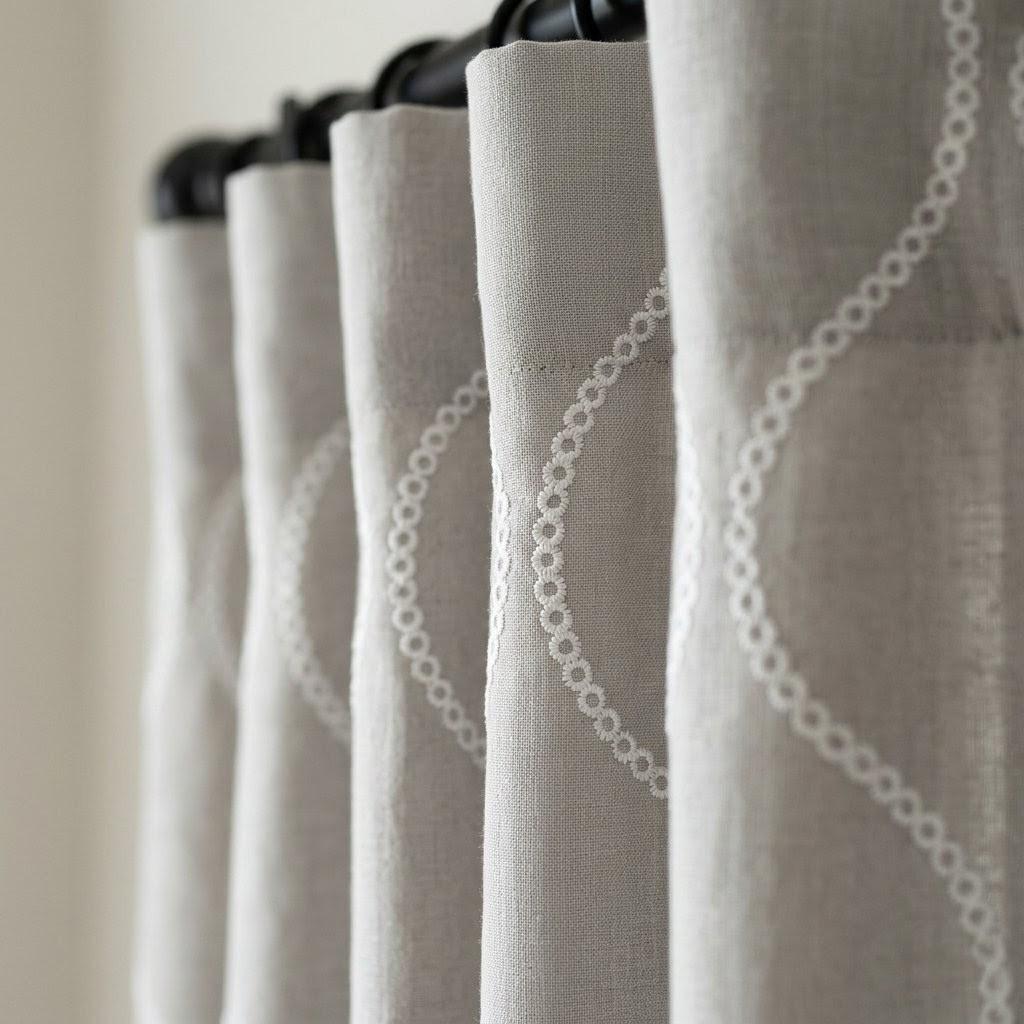 Stone Greige Linen Embroidered Curtains, Ivory Ogee Trellis Drapes (Semi Sheer or Blackout) — image 9