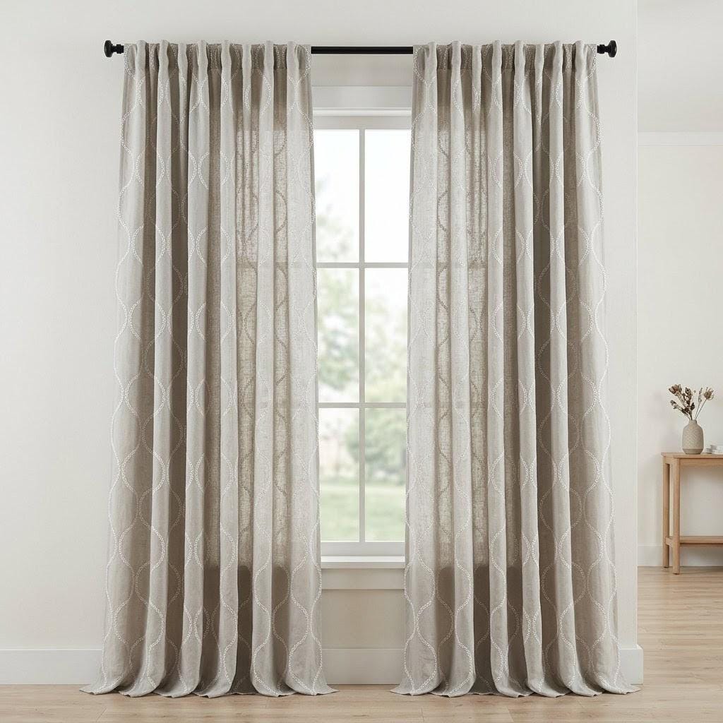 Stone Greige Linen Embroidered Curtains, Ivory Ogee Trellis Drapes (Semi Sheer or Blackout) — image 8