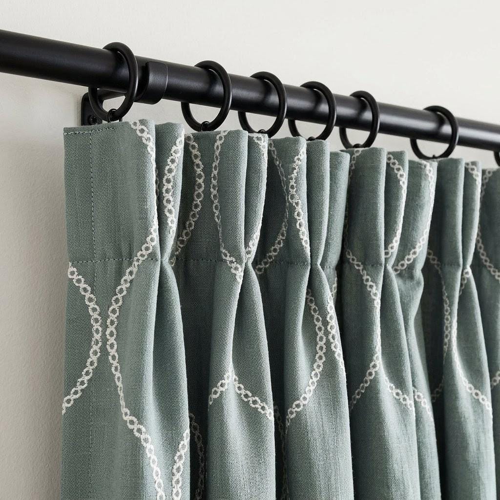 Sage Green Linen Embroidered Curtains, Ivory Ogee Trellis Drapes (Semi Sheer or Blackout) — image 10
