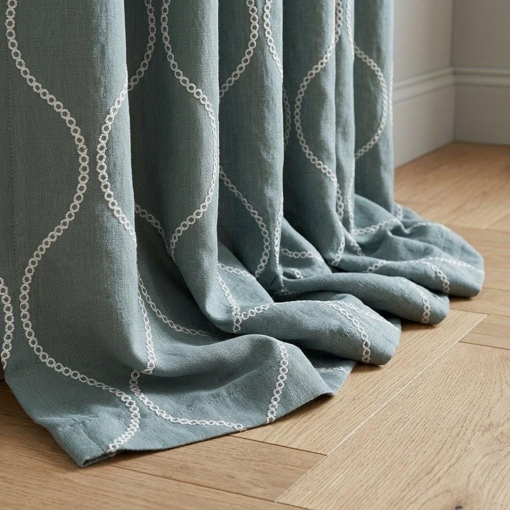 Sage Green Linen Embroidered Curtains, Ivory Ogee Trellis Drapes (Semi Sheer or Blackout) — image 2