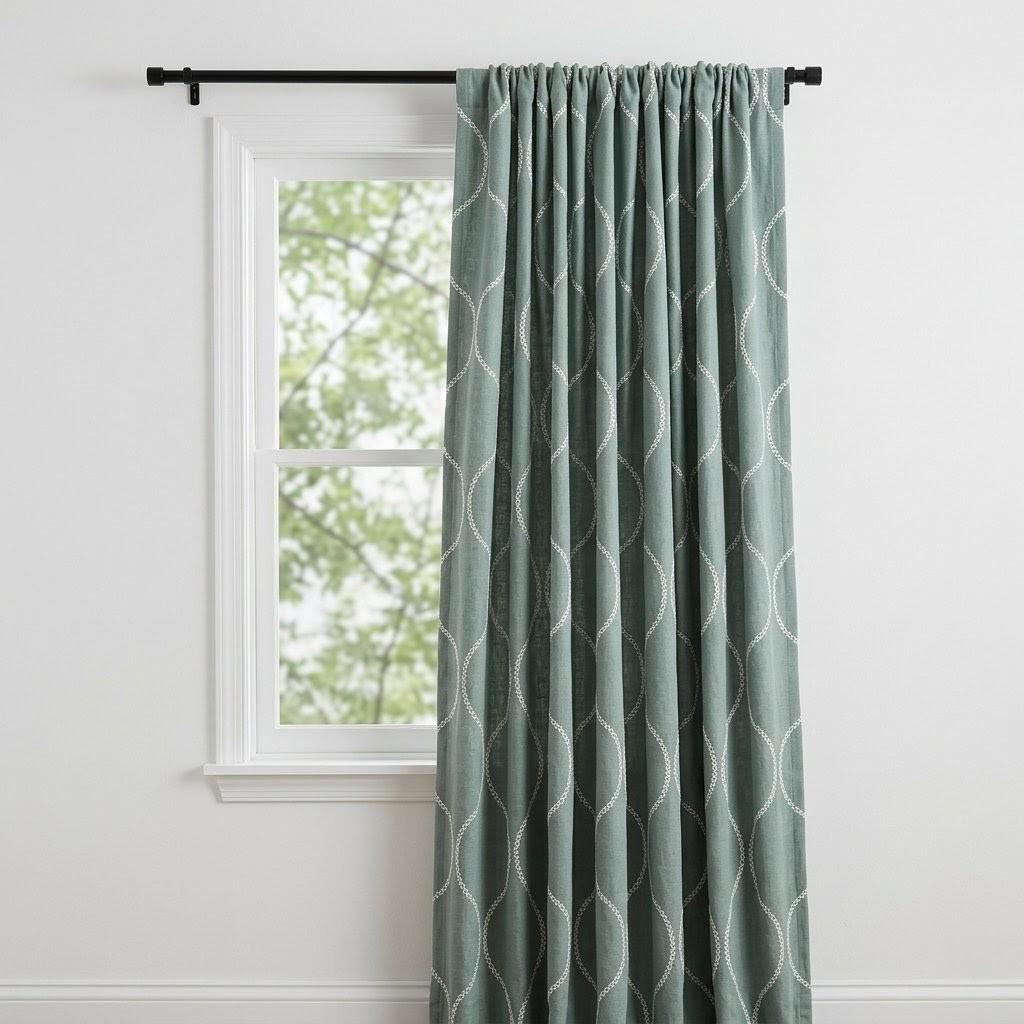 Sage Green Linen Embroidered Curtains, Ivory Ogee Trellis Drapes (Semi Sheer or Blackout) — image 3