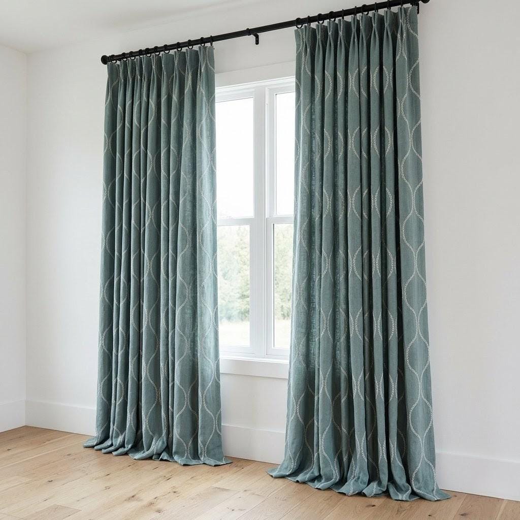 Sage Green Linen Embroidered Curtains, Ivory Ogee Trellis Drapes (Semi Sheer or Blackout) — image 7