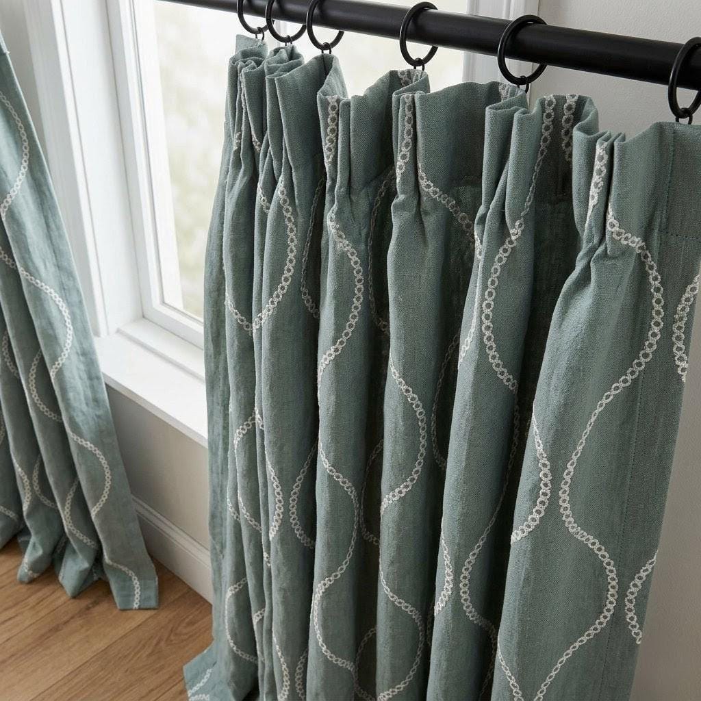 Sage Green Linen Embroidered Curtains, Ivory Ogee Trellis Drapes (Semi Sheer or Blackout) — image 9