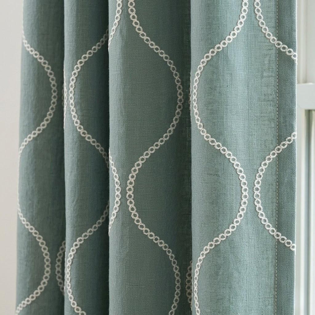 Sage Green Linen Embroidered Curtains, Ivory Ogee Trellis Drapes (Semi Sheer or Blackout) — image 1
