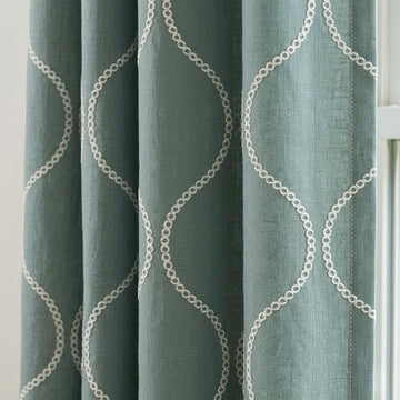 Sage Green Linen Embroidered Curtains, Ivory Ogee Trellis Drapes (Semi Sheer or Blackout) — image 1