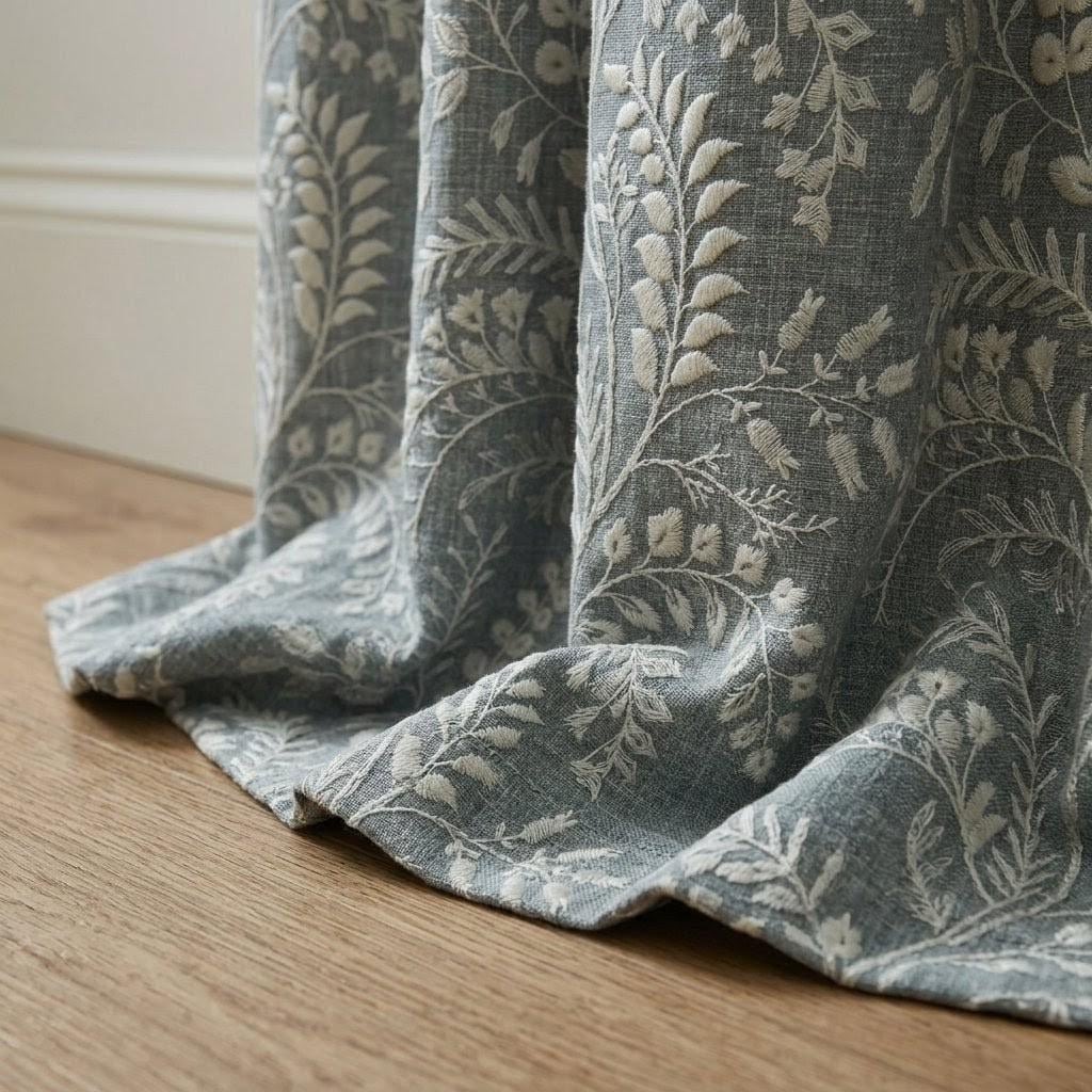 Dusty Blue Grey Pure Linen Embroidered Curtains, Ivory Floral Botanical Drapes, Custom Blackout Window Panels — image 1