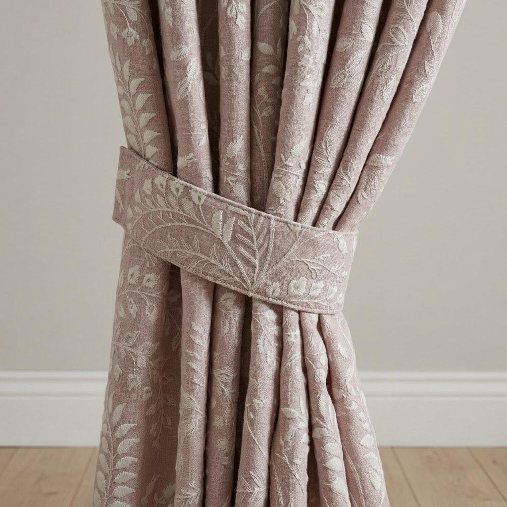 Dusty Blush Pink Pure Linen Embroidered Curtains, Ivory Floral Botanical Drapes, Custom Blackout Window Panels — image 1
