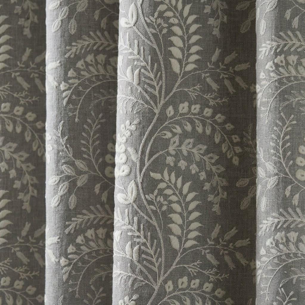Stone Gray Pure Linen Embroidered Curtains, Ivory Botanical Floral Drapes, Custom Blackout Window Panels — image 6