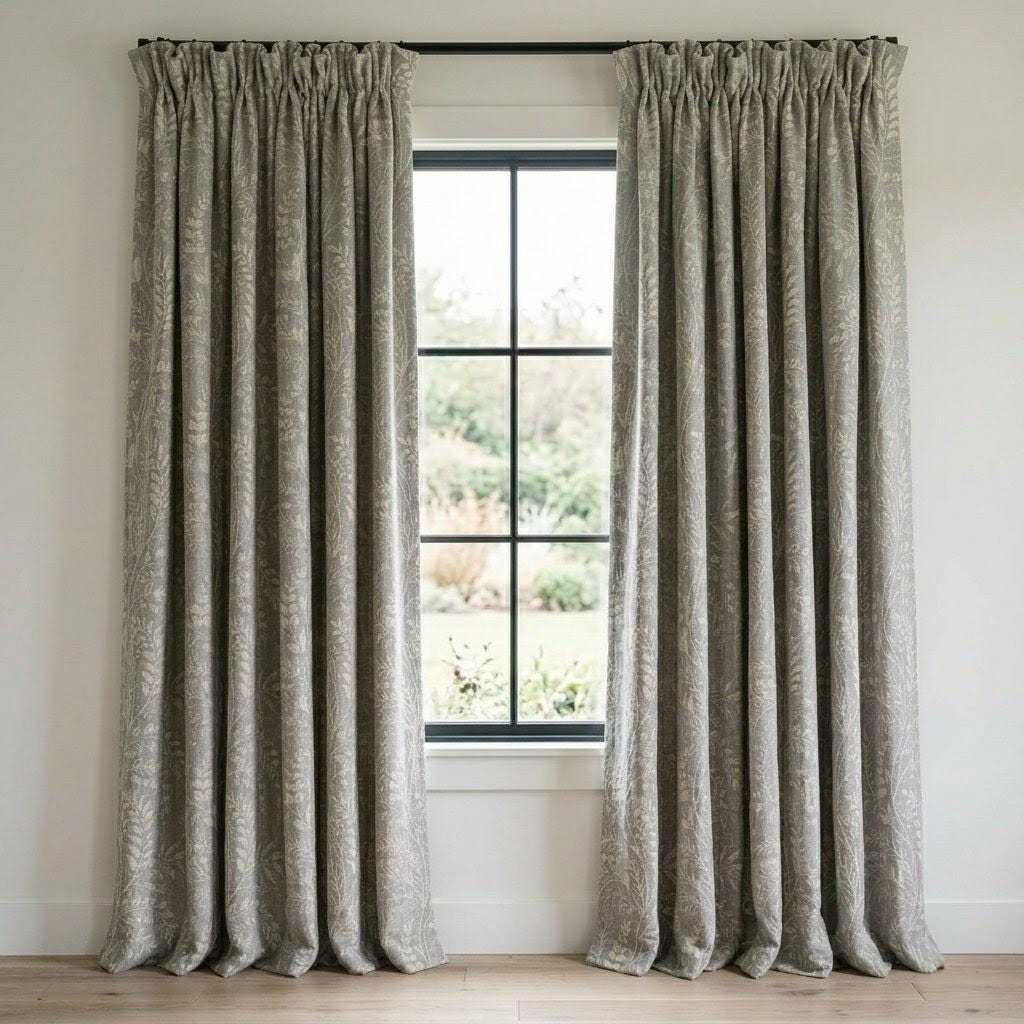 Stone Gray Pure Linen Embroidered Curtains, Ivory Botanical Floral Drapes, Custom Blackout Window Panels — image 7