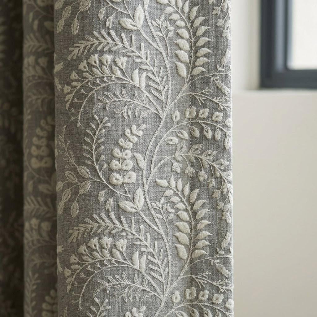 Stone Gray Pure Linen Embroidered Curtains, Ivory Botanical Floral Drapes, Custom Blackout Window Panels — image 1