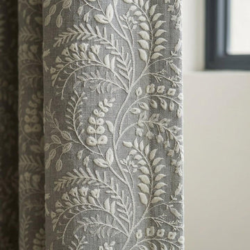 Stone Gray Pure Linen Embroidered Curtains, Ivory Botanical Floral Drapes, Custom Blackout Window Panels — image 1
