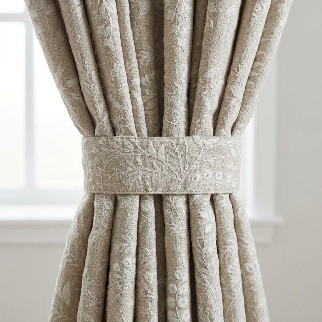 Natural Beige Pure Linen Embroidered Curtains, Ivory Botanical Floral Drapes, Custom Blackout Window Panels — image 1