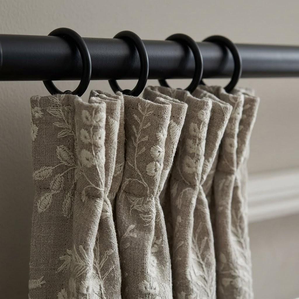 Greige Taupe Pure Linen Embroidered Curtains, Ivory Botanical Floral Drapes, Custom Blackout Window Panels — image 3