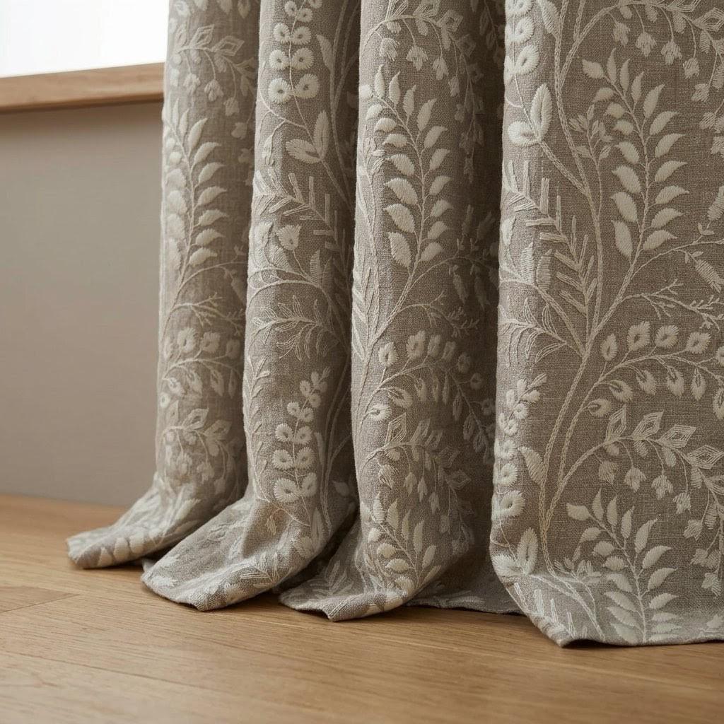 Greige Taupe Pure Linen Embroidered Curtains, Ivory Botanical Floral Drapes, Custom Blackout Window Panels — image 8