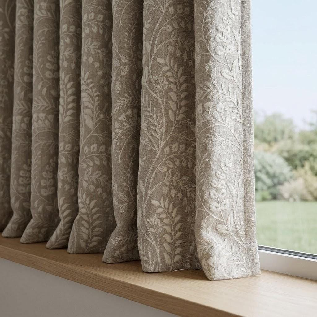 Greige Taupe Pure Linen Embroidered Curtains, Ivory Botanical Floral Drapes, Custom Blackout Window Panels — image 4