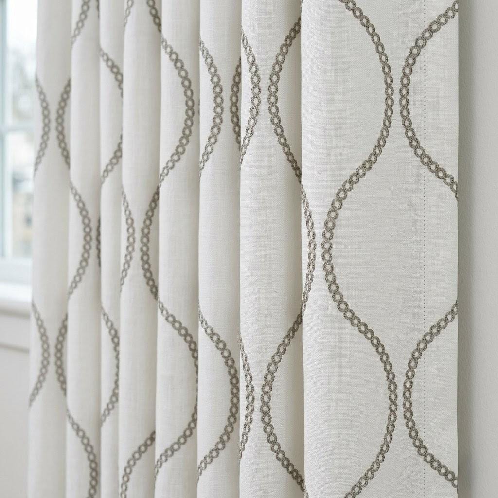 Ivory Linen Embroidered Curtains, Taupe Ogee Trellis Drapes, Custom Panels — image 1