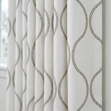 Ivory Linen Embroidered Curtains, Taupe Ogee Trellis Drapes, Custom Panels — image 1