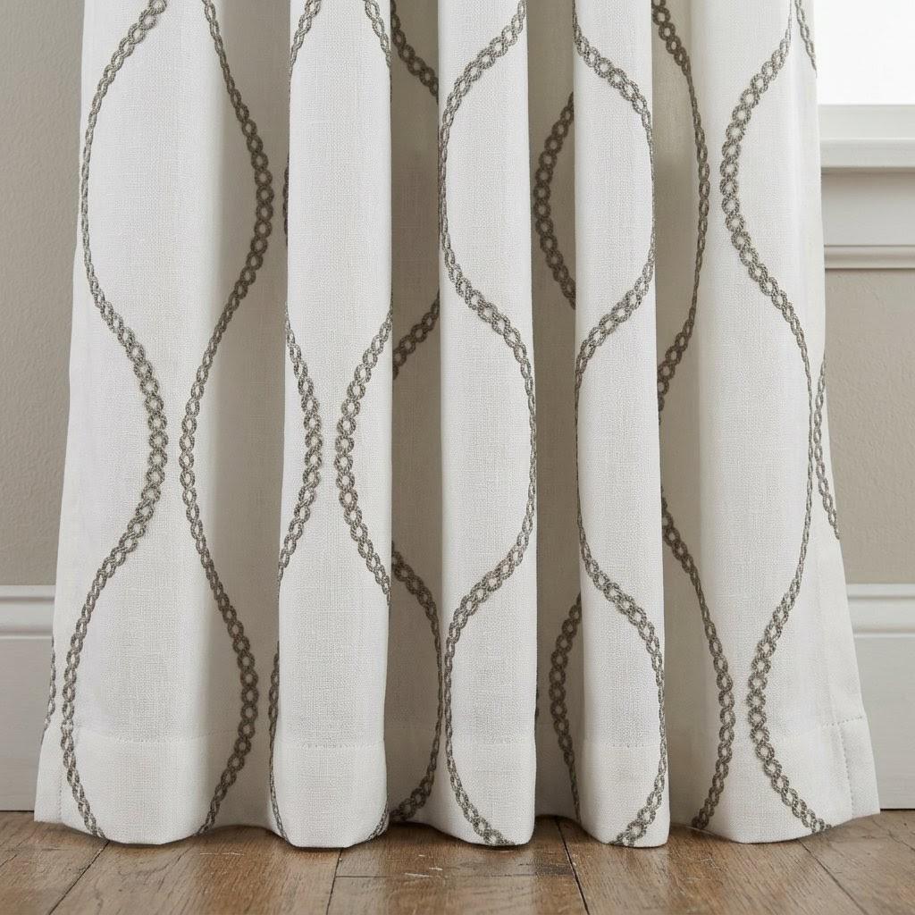 Ivory Linen Embroidered Curtains, Taupe Ogee Trellis Drapes, Custom Panels — image 5