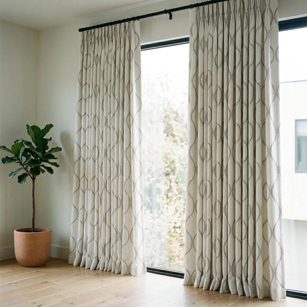 Ivory Linen Embroidered Curtains, Taupe Ogee Trellis Drapes, Custom Panels — image 2