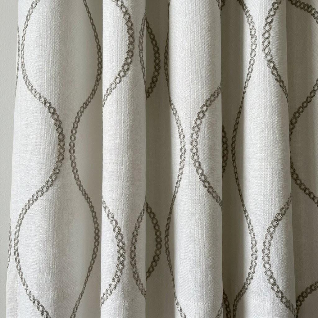 Ivory Linen Embroidered Curtains, Taupe Ogee Trellis Drapes, Custom Panels — image 3