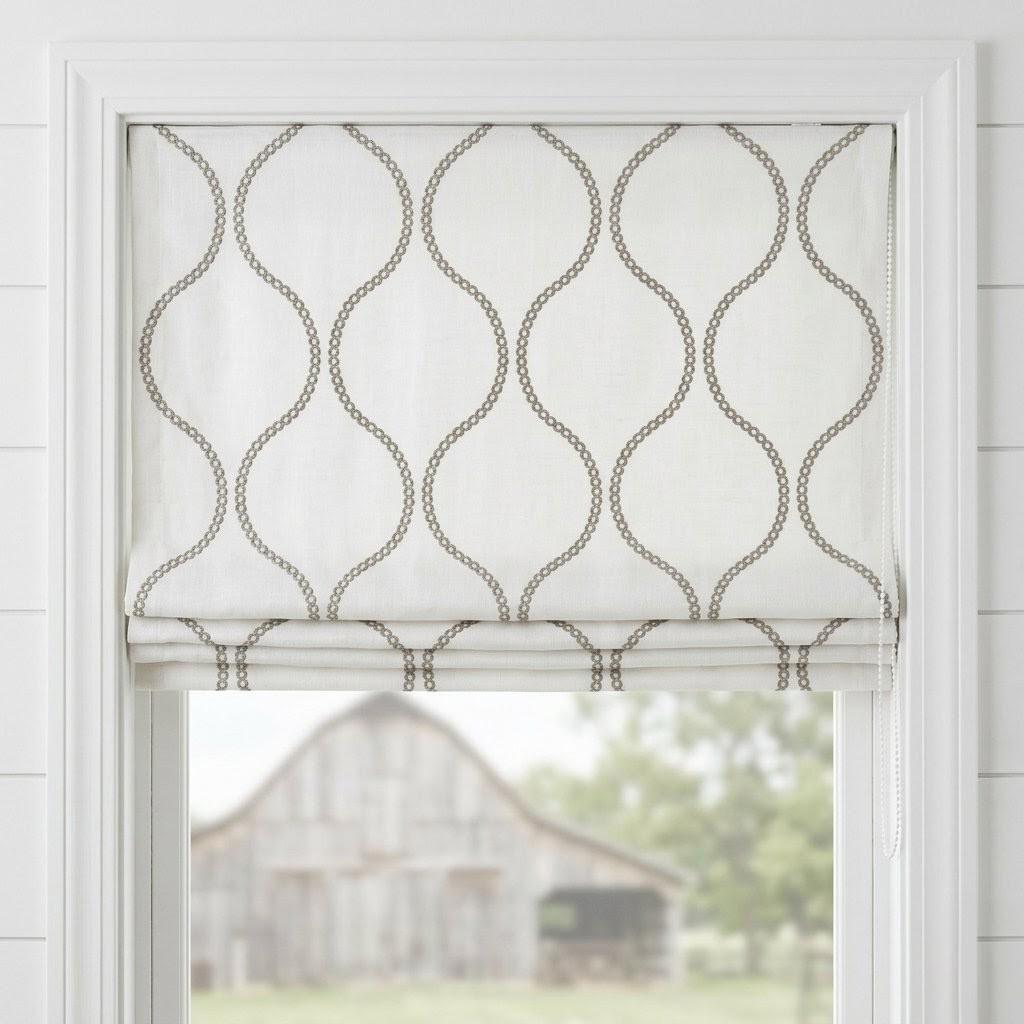 Ivory Linen Roman Shade, Taupe Embroidered Ogee Blind, Custom Corded Window Shade — image 5