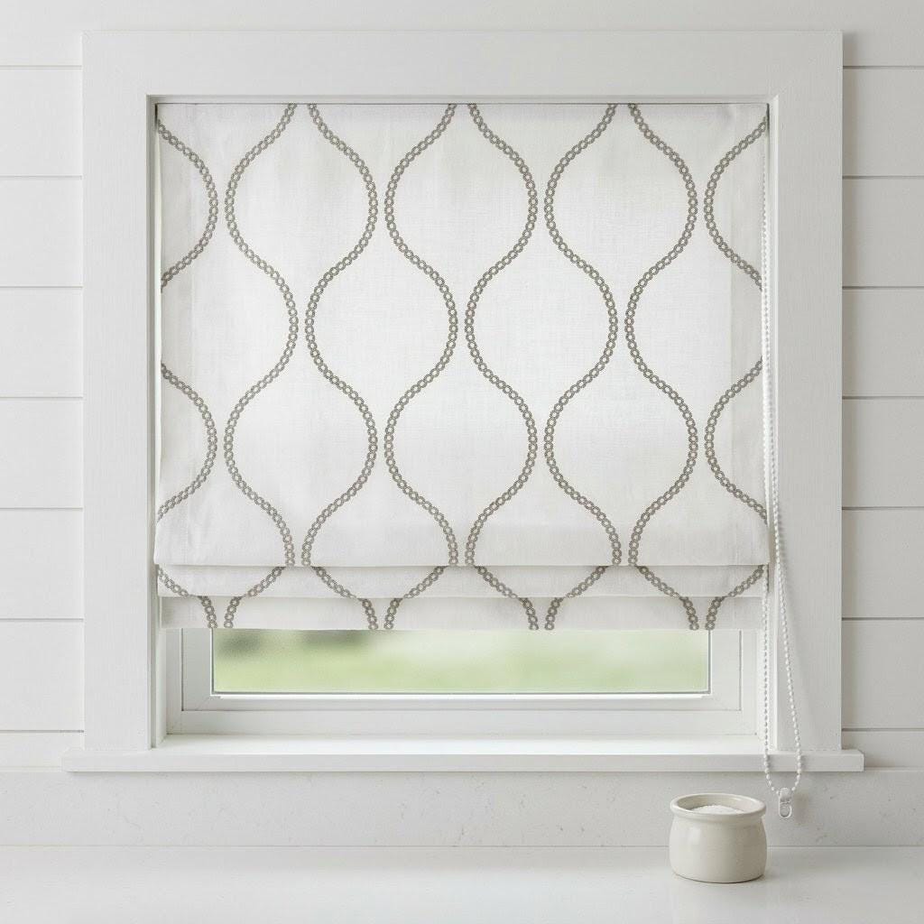 Ivory Linen Roman Shade, Taupe Embroidered Ogee Blind, Custom Corded Window Shade — image 3