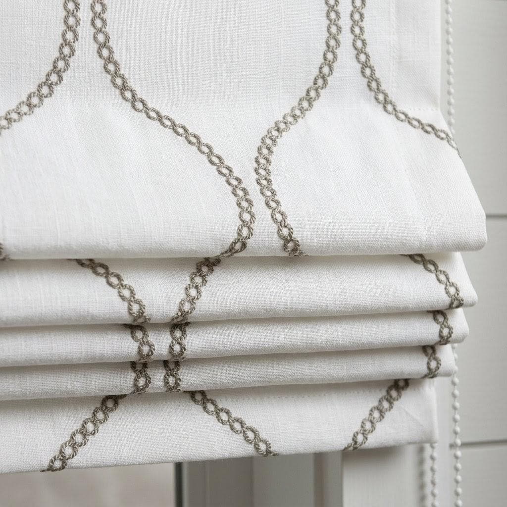 Ivory Linen Roman Shade, Taupe Embroidered Ogee Blind, Custom Corded Window Shade — image 1