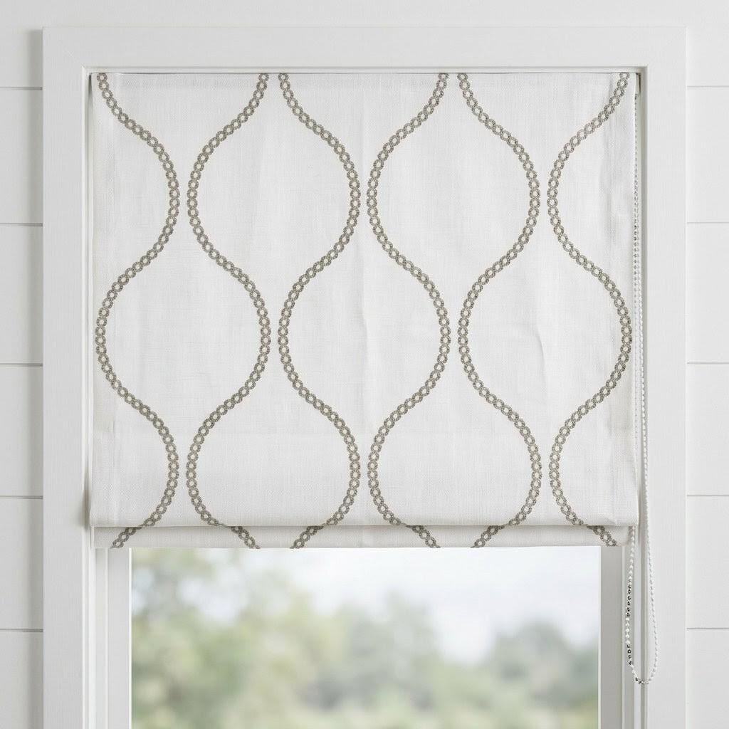 Ivory Linen Roman Shade, Taupe Embroidered Ogee Blind, Custom Corded Window Shade — image 7