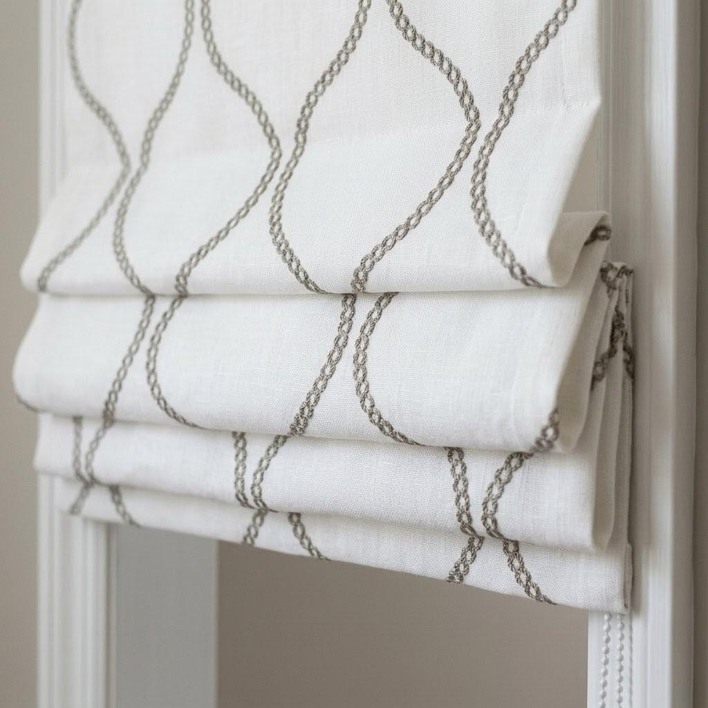 Ivory Linen Roman Shade, Taupe Embroidered Ogee Blind, Custom Corded Window Shade — image 8