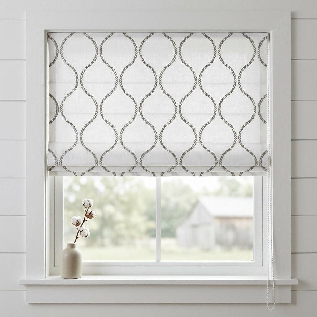 Ivory Linen Roman Shade, Taupe Embroidered Ogee Blind, Custom Corded Window Shade — image 9
