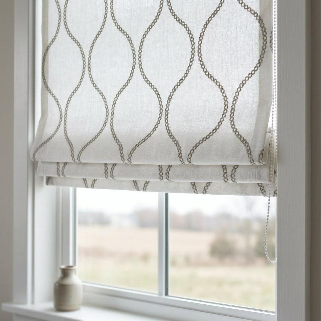 Ivory Linen Roman Shade, Taupe Embroidered Ogee Blind, Custom Corded Window Shade — image 1