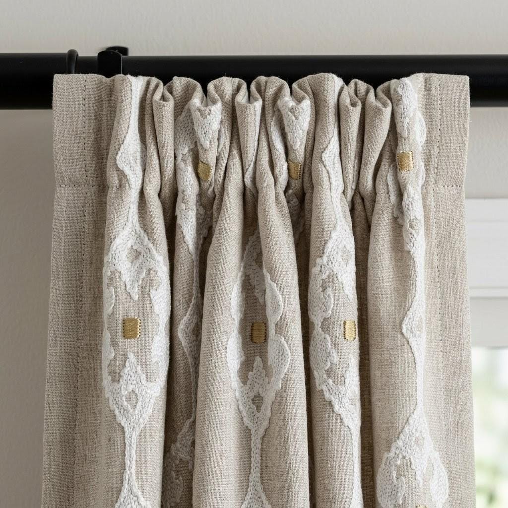 Natural Beige Linen Embroidered Curtains, Ivory Medallion Drapes, Custom Panels — image 4