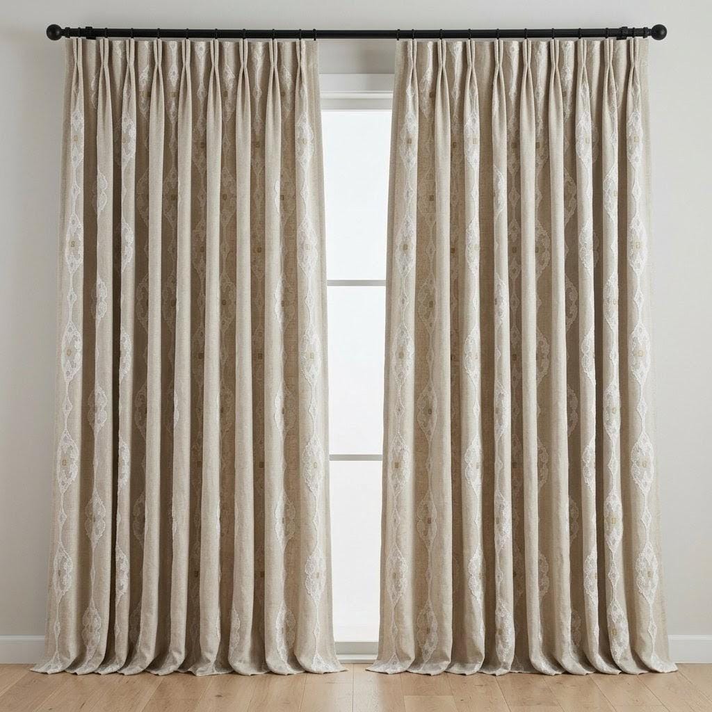 Natural Beige Linen Embroidered Curtains, Ivory Medallion Drapes, Custom Panels — image 10
