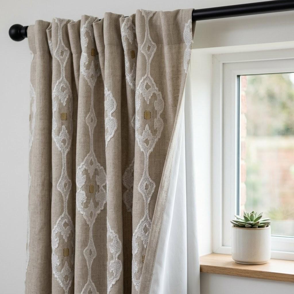 Natural Beige Linen Embroidered Curtains, Ivory Medallion Drapes, Custom Panels — image 6