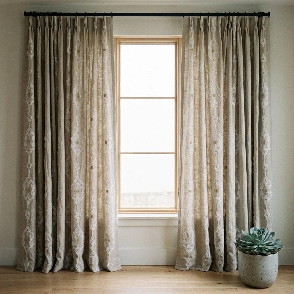 Natural Beige Linen Embroidered Curtains, Ivory Medallion Drapes, Custom Panels — image 5