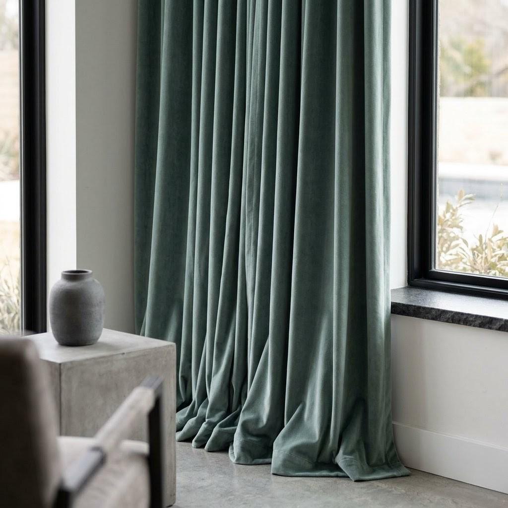Sage Green Velvet Curtains, Heavy Luxury Drapes, Custom Blackout or Cotton Lined Window Panels, Pale Eucalyptus — image 2