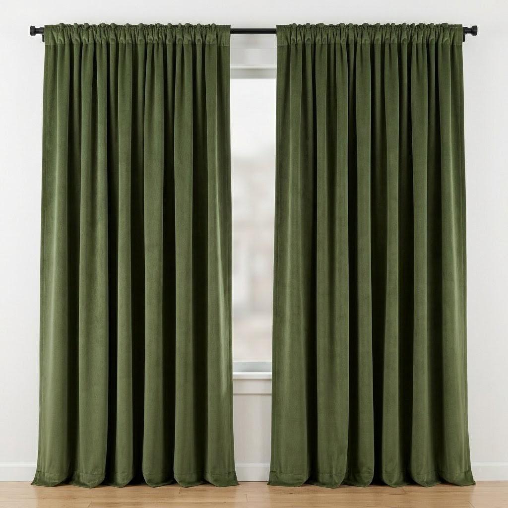 Olive Moss Green Velvet Curtains, Heavy Luxury Drapes, Custom Blackout or Cotton Lined Window Panels — image 10