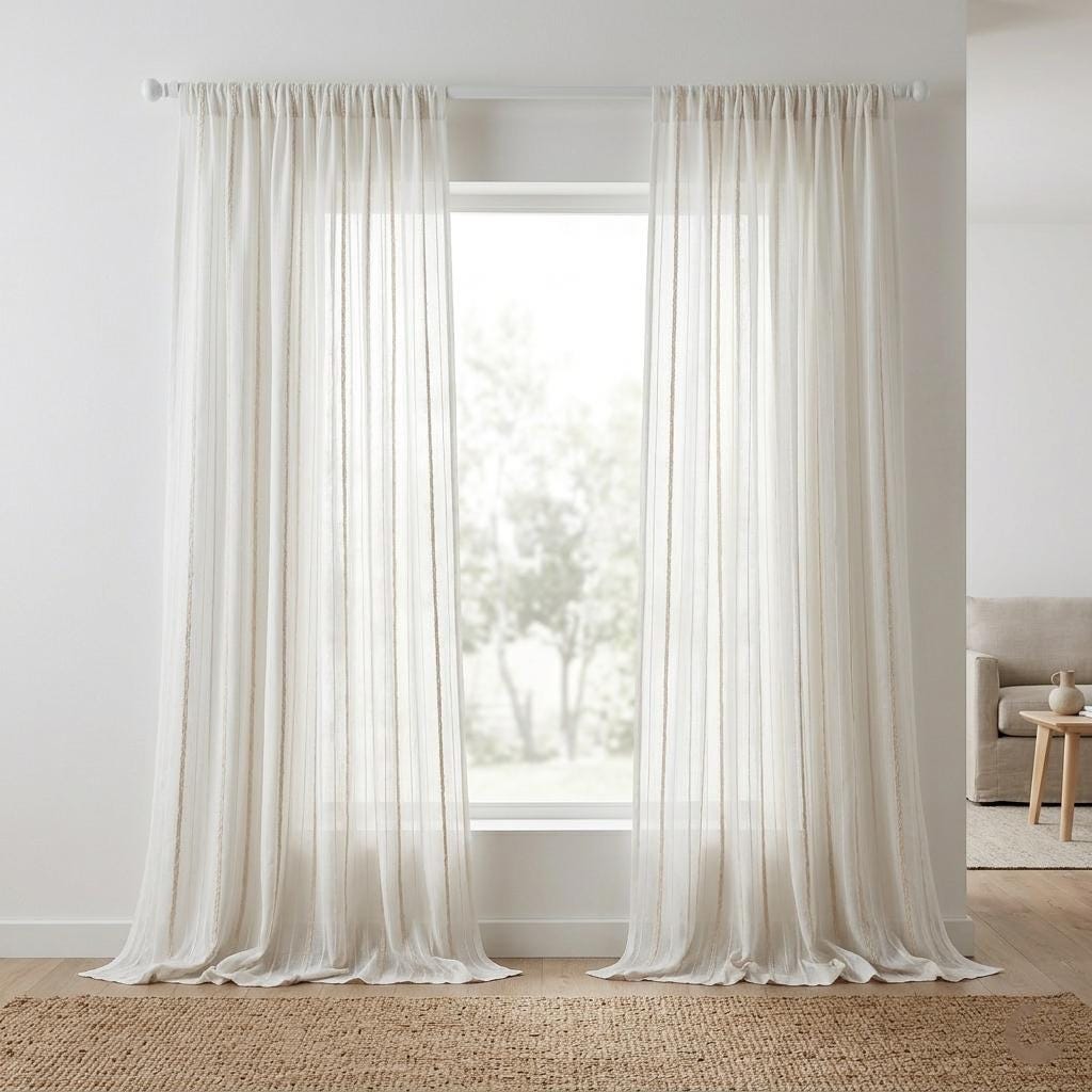 Ivory Linen Sheer Curtains, Cream Embroidered Stripes, Custom Privacy Drapes — image 4