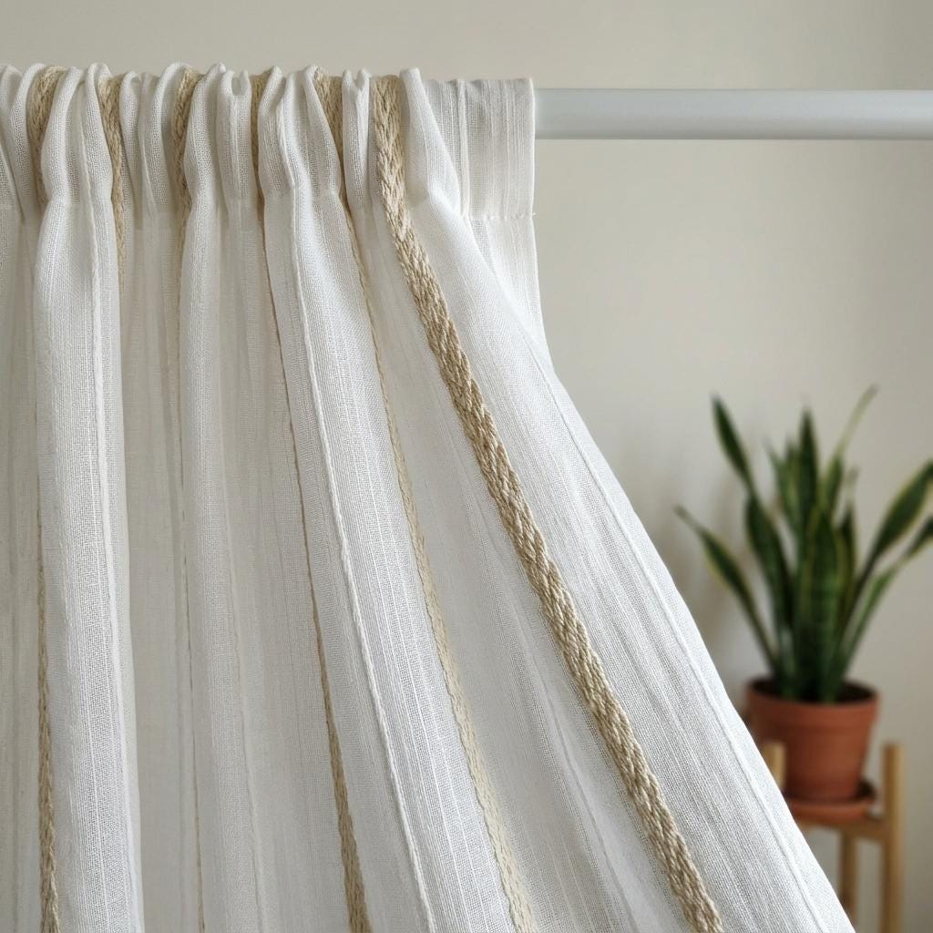 Ivory Linen Sheer Curtains, Cream Embroidered Stripes, Custom Privacy Drapes — image 6