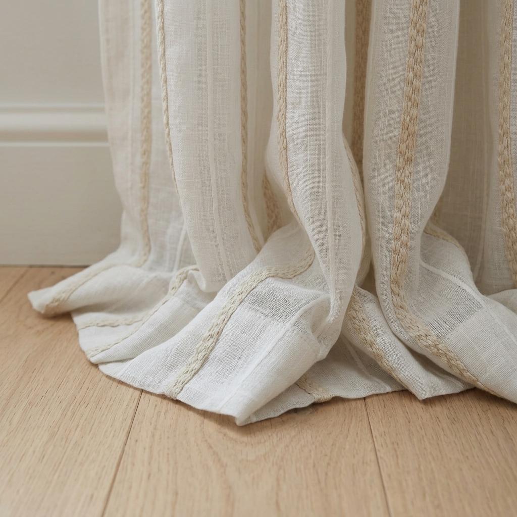 Ivory Linen Sheer Curtains, Cream Embroidered Stripes, Custom Privacy Drapes — image 1