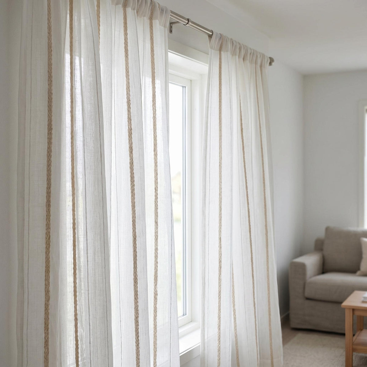 Ivory Linen Sheer Curtains, Cream Embroidered Stripes, Custom Privacy Drapes — image 9