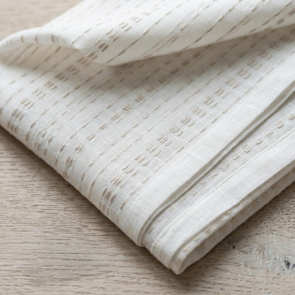 Ivory Linen Sheer Curtains, Light Taupe Dash Stripe Embroidery, Custom Drapes — image 9