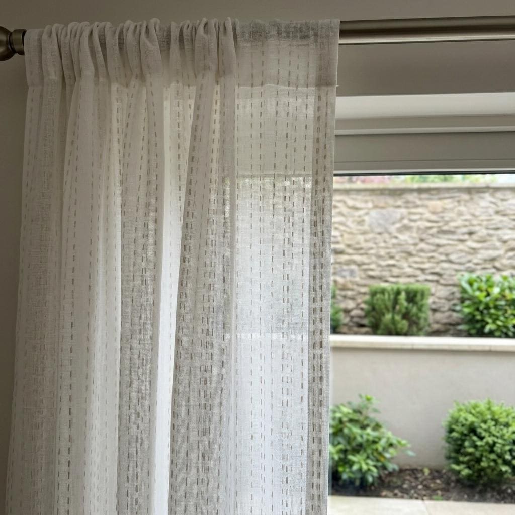Ivory Linen Sheer Curtains, Light Taupe Dash Stripe Embroidery, Custom Drapes — image 6