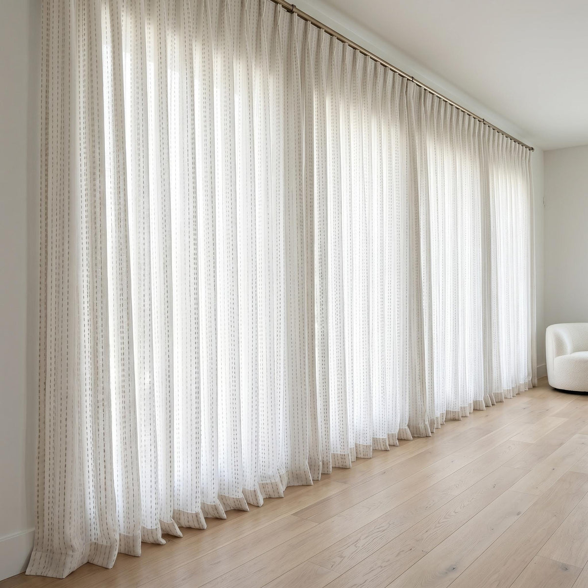 Ivory Linen Sheer Curtains, Light Taupe Dash Stripe Embroidery, Custom Drapes — image 4